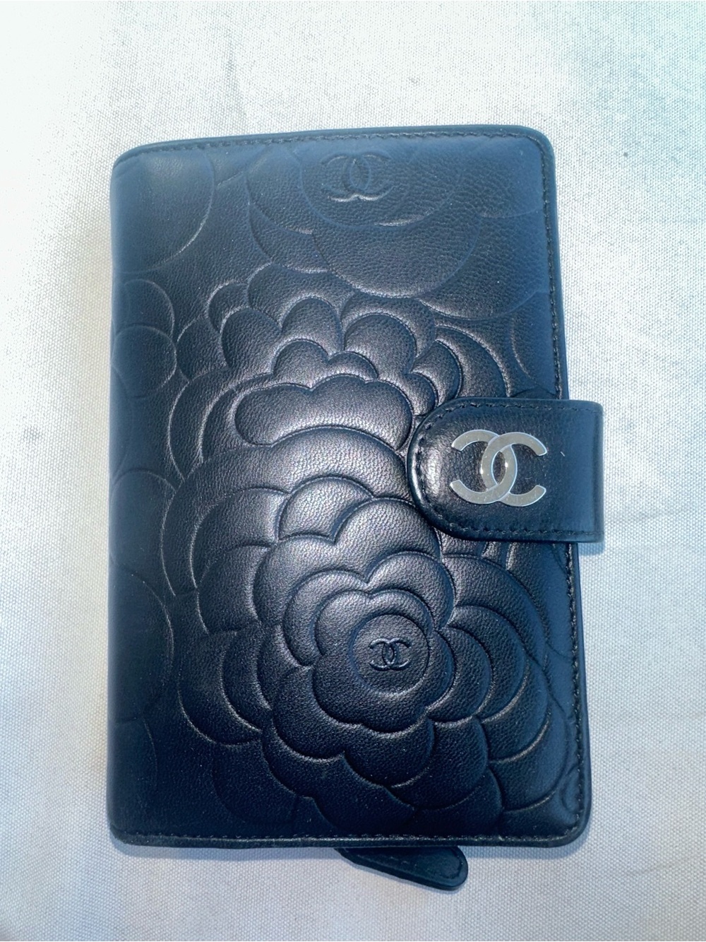 CHANEL Black Quilted Camellia Leather Wallet or Passport Holder
